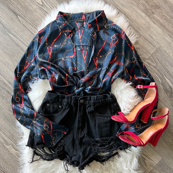 Forever 21 Tops - Blue Satin Tie-Front Crop Top